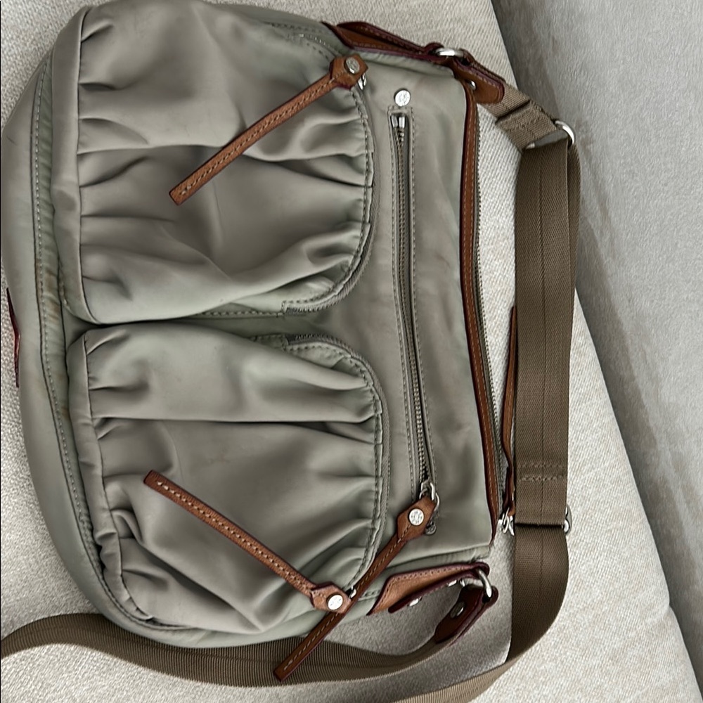 MZ Wallace Gray and Brown Crossbody Bag with Ruched Design